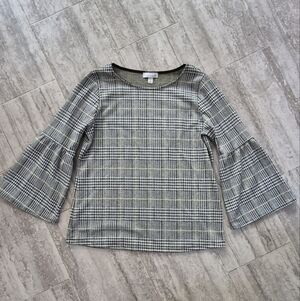 Allison Joy Monochrome Checkered Bell Sleeve Blouse